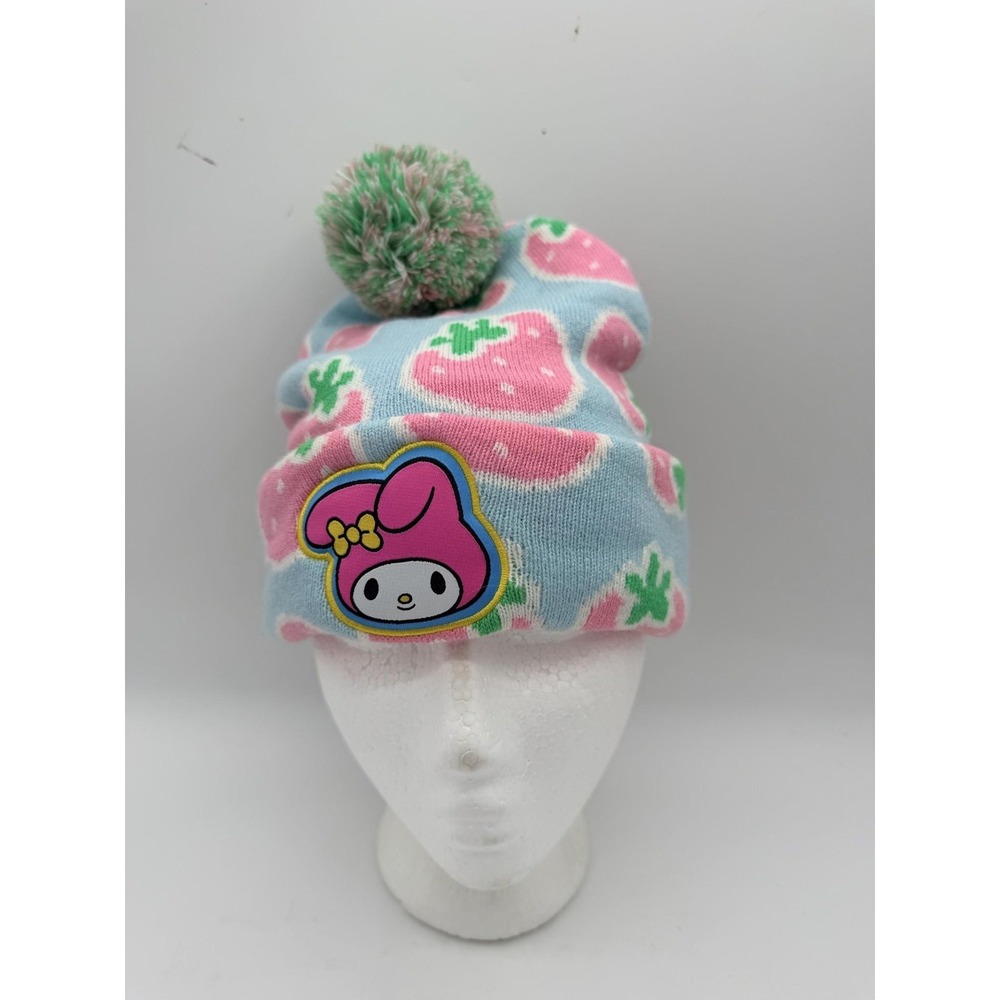 Bioworld My Melody Sanrio Hat Beanie One Size Blue Pink Strawberry Pom Pom